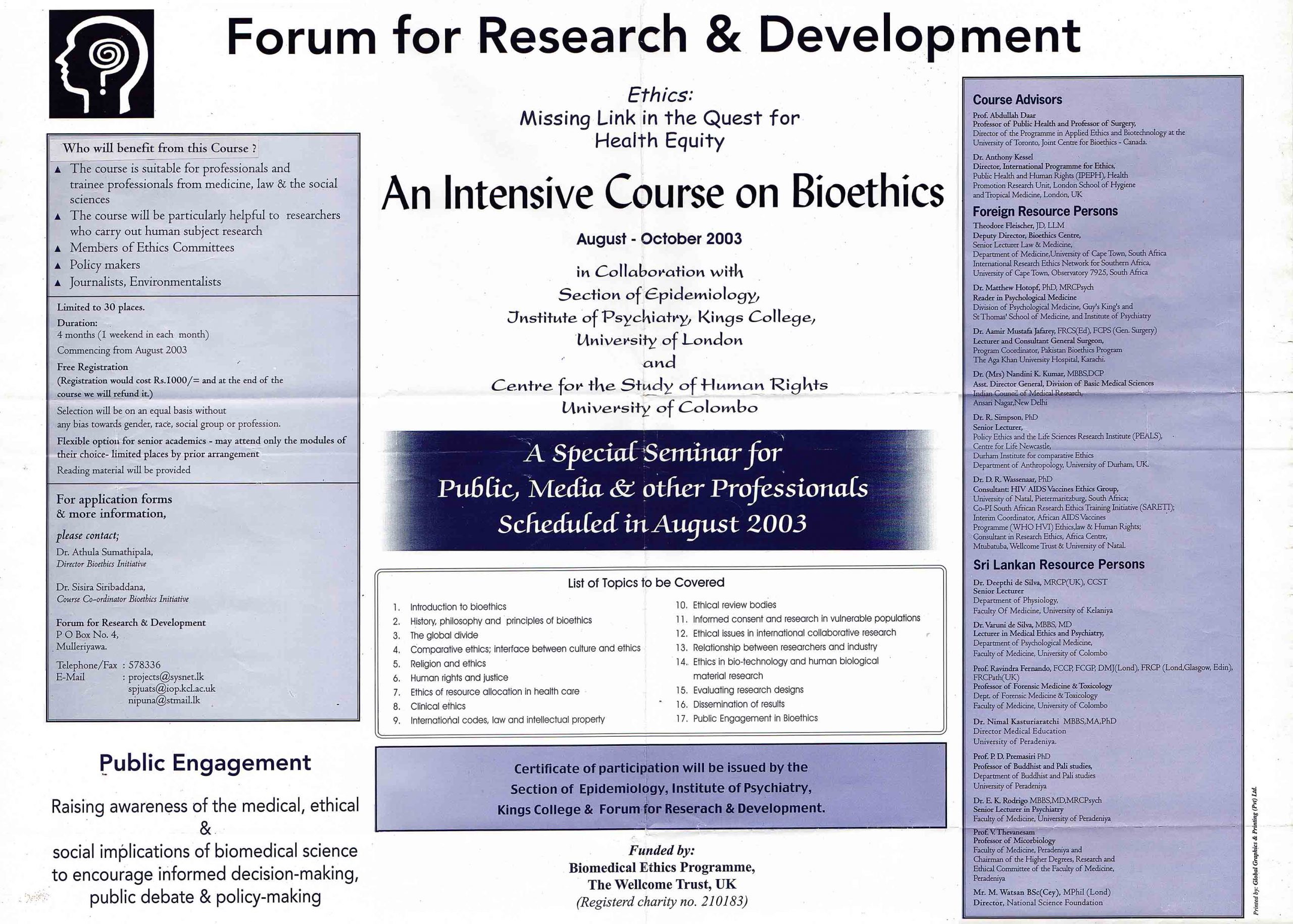 AUG2003 - Intensive Course Bioethics