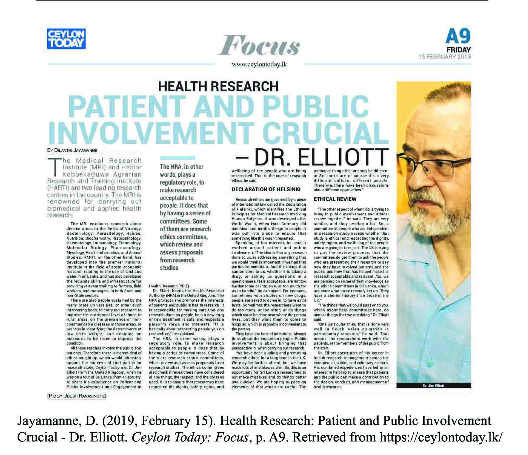 Health Research: Patient and Public Involvement Crucial - Dr. Elliott