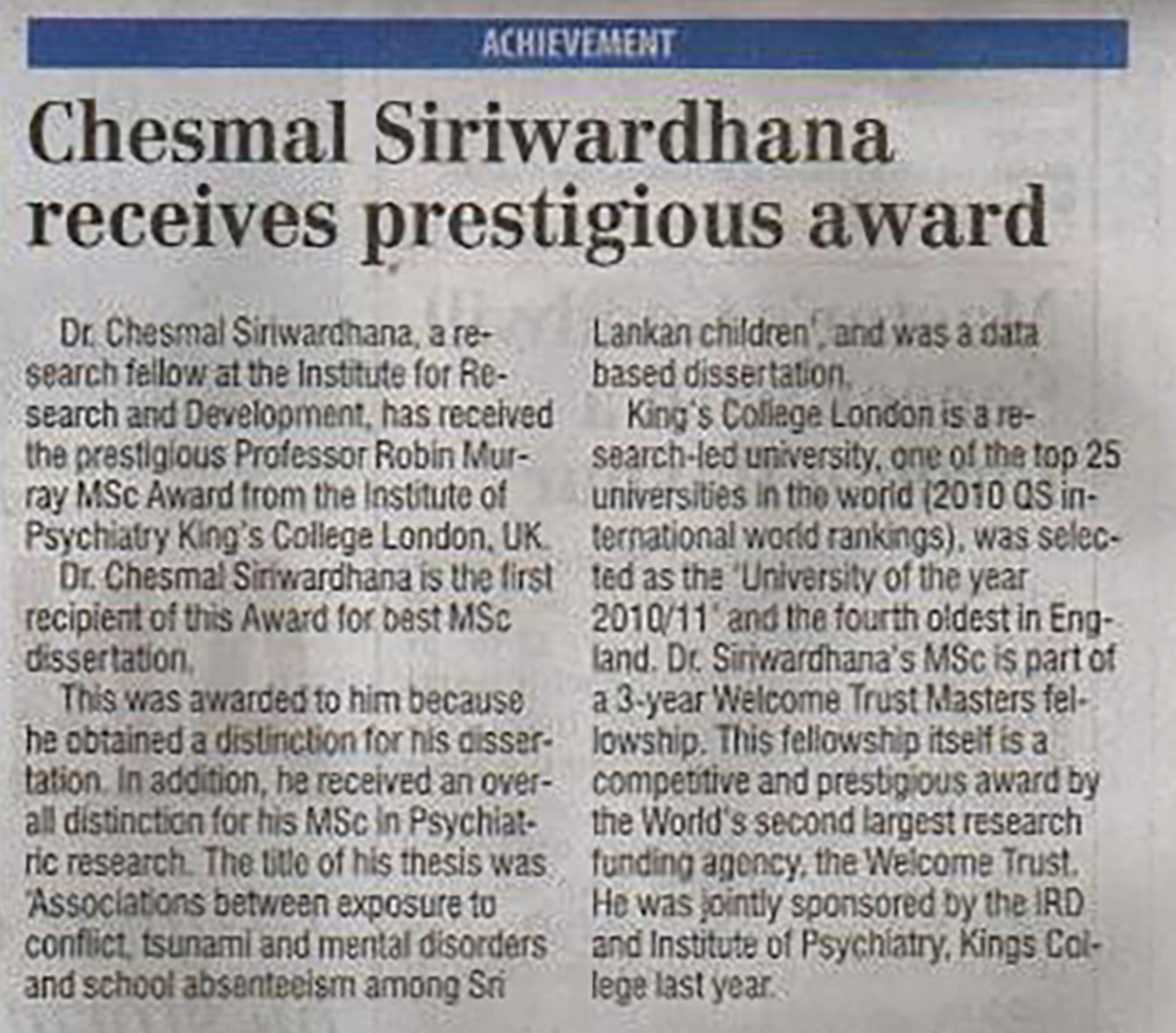 Dr. Chesmal Siriwardhana MSc Award